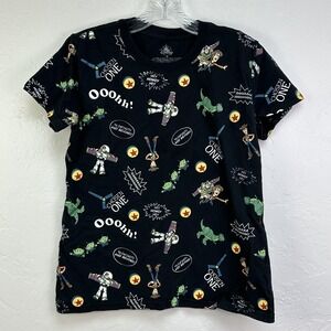Disney Toy Story Pixar Shirt Womens Medium Black All Over Print Buzz Woody Alien